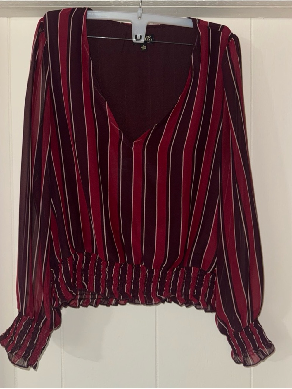 Smocked Hem Striped V-Neck Blouse in Burgundy